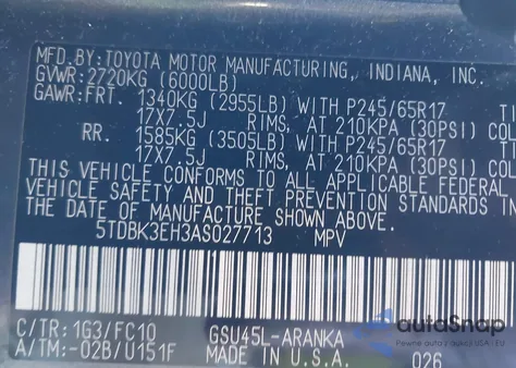 2010 Toyota Highlander Base V6 из США, поврежденный, VIN 5TDBK3EH3AS027713